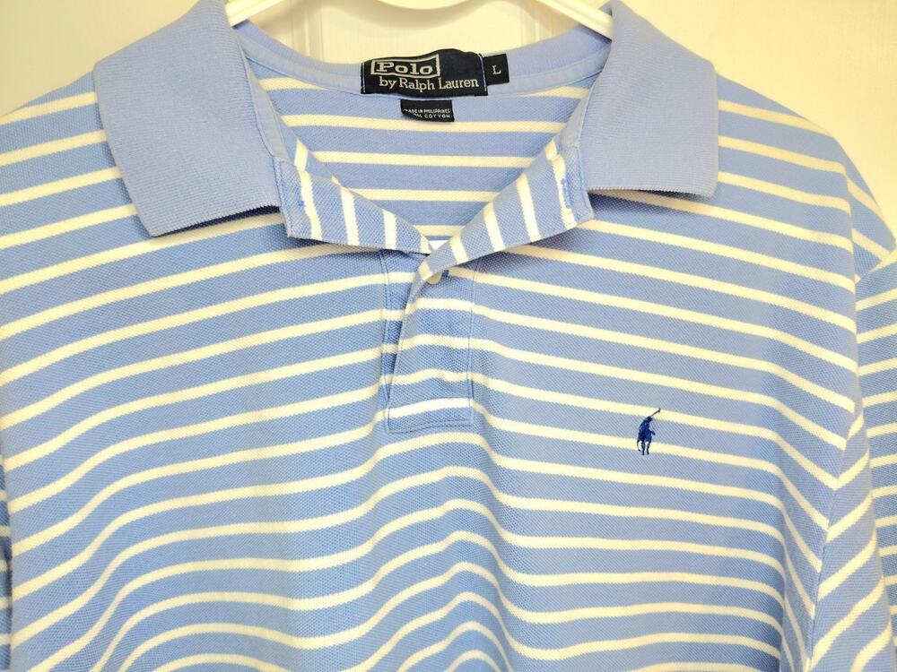 Vintage Polo Ralph Lauren Striped Polo Shirt Blue White Mens L Preppy Streetwear